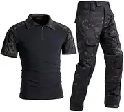 [Uugood] Men's Summer Shirt, Military Shirt, Short Sleeve Slim Tactical Jumpsuits Combat Shirt and Trousers Rip-Stop Shirt and Trousers for Airsoft Hunting Paintball