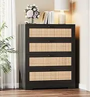Patikuin 4 Drawer Dresser for Bedroom, Rattan Chest of Dressers, Modern Wood Tall Dresser with Power Outlets, Drawer Organizer Unit with Metal Handle for Living Room Closet Hallway Entryway