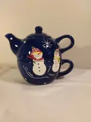 Teapot & Cup Set For One Blue With Snowmen 6" Ht