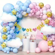 129Pcs Pink And Blue Balloon Arch Set Star And Cloud Foil Balloon Birthday Flag Set Gender Revealing Party Decoration