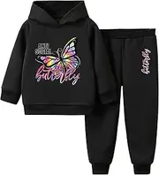 [Amur Leopard] Children's Girls' Tracksuit 2-Piece Sweatshirt with Hood + Sports Trousers Sports Suit with Butterfly Print