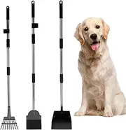 3 Pcs Pooper Scooper Metal Tray Rake and Spade Set with Long Handle Multifunctional Poop Scoop Sturdy Metal Poop Scooper Set for Pet Waste Removal on Grass Dirt and Gravel