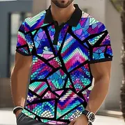Men's Abstract Geometic Polo Short Sleeve Polo Shirts Collared Shirts Casual Athleisure Daily Wear Streetwear Buttons Summer Blue Purple Orange