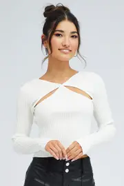 White Cut Out Knit Top Long Sleeve - Size M, Women's Crop Knitted