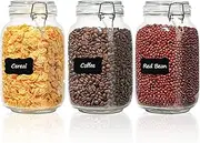 ComSaf 50oz Glass Jar with Airtight Clamp Lid, Set of 3 Large Clear Food Storage Canister, 1500ml Kitchen Pantry Organization Container for Flour,Sugar,Pasta,Cereal,Bean,Canning, Square Mason Jars
