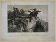 Photo:Major McCulloch,man on horseback jumping off cliff,Indians,Bodmer