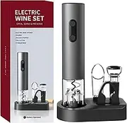4-in-1 Electric Wine Opener Gift Set, Automatic Opener Battery Operated Corkscrew with Foil Cutter, Pourer, Wine Stopper and Storage Base, Grey(DIY Battery Installation)