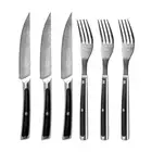 Sunnecko 6pcs Steak Knives Set Straight Steak Fork Set Damascus Meat Slicer