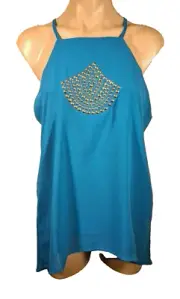 BNWT Womens Sz 10 Crossroads Gold Nailhead Look Hi Low Hem Teal Cami Singlet Top