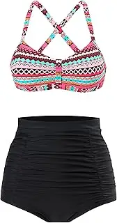 [LA ORCHID] Laorchid Women's Bandeau Bikini Set Sexy High Waist Swimwear Push Up Swimsuit Padded Retro Halterneck Tankini, Bohemian Stripes top with Black Trousers, L
