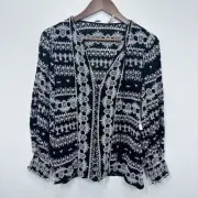 Alice + Olivia Black White Tassle Tie Neck Embroidered Button Front Blouse NWT S