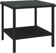 vidaXL Black Poly Rattan Side Table with Tempered Glass Top and Storage Shelf - Weather-Resistant, Easy to Clean, Suitable for Indoor and Outdoor Use