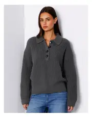 [Grab Denim] Collared Button Through Jumper in Mid Grey