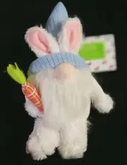 NWT Plush Bunny Gnome in Pointy Blue Knit Hat Holding a Plaid Carrot - 9" Tall