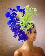 Aimee Fuller Kentucky Derby Fascinator Blue Lime Apple Green Feather Hat Del Mar