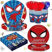 120pcs Birthday Party Supplies Kids Paper Plates Napkins Cup Red Blue Forks Boys Birthday Party Decorations Disposable Tableware Set Serve 24 Guests