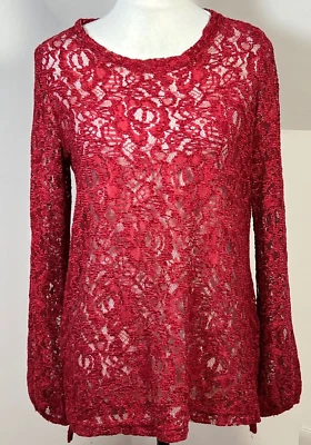 Next Lace Top Long Sleeves Size 10 Sheer Burgundy Red Blouse Light BNWT Stretchy