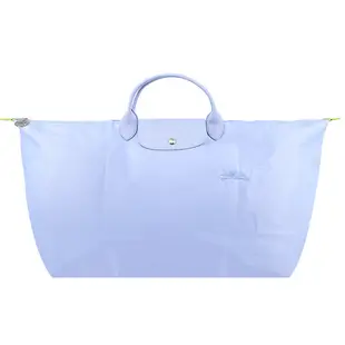 LONGCHAMP LE PLIAGE GREEN系列刺繡短把再生尼龍摺疊旅行袋(中/天澄)