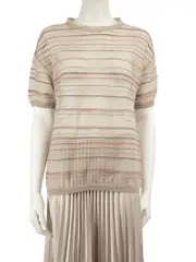 Beige Mesh Striped Metallic Top