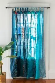 4Pc Vintage Old Sari Patchwork Curtain Drape Window Decor Silk Turquoise Curtain