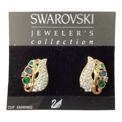 Vtg. Swarovski Swan Leaf Clip On Earrings Clear Green & Blue Crystals Jeweler’s