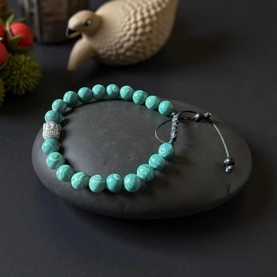 8mm Natural Malachite Green Beaded Green Head Tibetan Adjustable Agate Bracelet