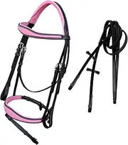 Exion Pink English Bridle for Horses | Anatomic Snaffle Noseband & Browband Jumping English Bridle with Flash and Rubber Reins.
