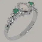 Solid 18k White Gold Natural Opal & Emerald Womens Trilogy Ring - Sizes 4 to 12
