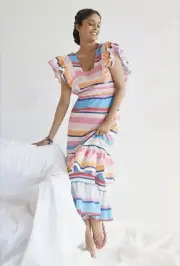 $198 Nwt Plenty Anthropologie Rainbow Stripes Maxi Dress Xs