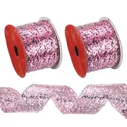 2 Pcs 10 Yard 2.5 Inch Glitter Mesh Wired Ribbon Webbed Sequin Pink