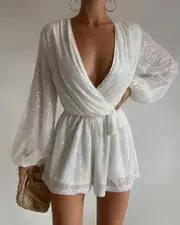 Jessen Playsuit - Tie Waist Balloon Sleeve Playsuit in White Sequin