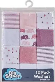 Big Softies Supersoft Spot Baby Washers for Girls 12 Piece Set, Pink12 Count