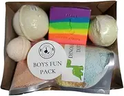 Little Brown Goose Boys Fun Pack Kids fun box includes bath bombs set (bath bomb x3), dino bath dust 400g, natural rainbow soap, plus a mini-bubble scoop ice cream bubble bar