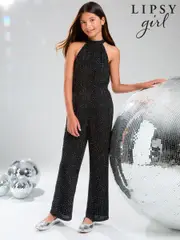Lipsy Black Hotfix Halter Party Jumpsuit (5-16yrs) (AG3469) | $55 - $68