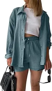 [HanzhuoLG] TwoPiece Fallow Women's Summer Long Sleeve Blouse Shirt and Shorts Two Piece Sets Lightweight Breathable Leisure Suit Beach Tunic Plain Aesthetic Shirt T Shirt