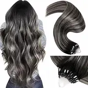 LaaVoo Per Bonded Remy Human Hair Micro Beads Extensions Balayage Ombre Off Black to Grey Silver Ring Loop Cold Fusion Human Hair 16 inch 50 Strands Salon Quality Hair Extensions