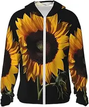 [LHBWCVN] UPF 50+ Light Jacket Full Zip Sun Protection Hoodie for Women Men Long Sleeve Sunflower Black Background Sun Shirts