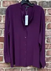 NWT Eileen Fisher Sweet Plum Silk Georgette Crepe Mandarin Collar Blouse $288 XL