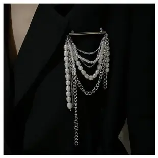 【HaNA 梨花】韓國淡海微光．珍珠鏈條鈦鋼胸針西裝配飾