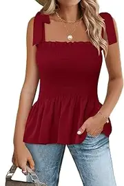 [Micoson] Ruffle Smocked Tank Tops for Women Summer Square Neck Sleeveless Tops Tie Shoulder Chiffon Blouse Babydoll Shirts