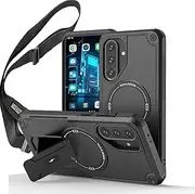 Ysnzaq Crossbody Lanyard Case for Samsung Galaxy A35, Heavy Duty Shockproof Protective Cover with Magnetic Bracket for Galaxy A35, DJ Carbon Black