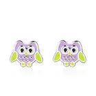 925 Sterling Silver Lilac Yellow Mini Owl Enamel Stud Earrings Kids Cute Animals