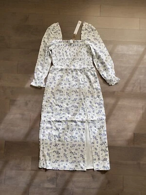 NWT HOUSE OF HARLOW Linen Smocked Bodice Floral Midi Dress Sz S