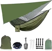 DxZephious Camping Hammock with Rain Fly Tarp and Mosquito Net Portable Single Double Hammock Tent with Tree Strap Backpacking Hammock with Rain Cover for Hiking Travel Yard Activities Green