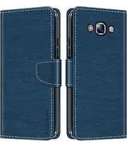 Striped PU Leather Wallet Phone Case Compatible with Samsung Galaxy E7, Slim Magnetic Flip Cover with Card Slots and Stand Function (Blue)