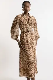 Georgette Belted Blur Print Woven Shirt Dress