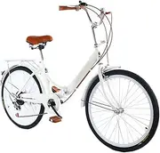 24 inch Ladies City Bike, Bicycle City Bike Folding Bike Adults Teenagers for Folding Bike, 7 Speed Gear Folding Bike for Sport Outdoor Cycling Commuting Camping White