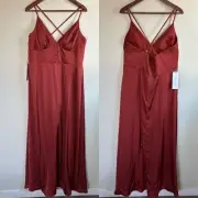 Azazie Mina Stretch Satin Dress Maxi Bridesmaid Formal Dress 14 Terracotta NWT