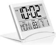 Betus Digital Travel Alarm Clock - Foldable Calendar & Temperature & Timer LCD Clock with Snooze Mode - Large Number Display, Battery Operated - Compact Desk Clock for All Ages (Silver)