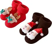 [Beisto] 2-Pack Baby Christmas Stocking Cotton Non-slip Floor Socks for 1-3 Year Old Boys Girls Xmas Birthday Gift, Red+coffee